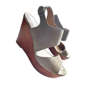 Lucky Wedges Lattela Suede Sandal Taupe Wood Platform Ankle Buckle Size 9